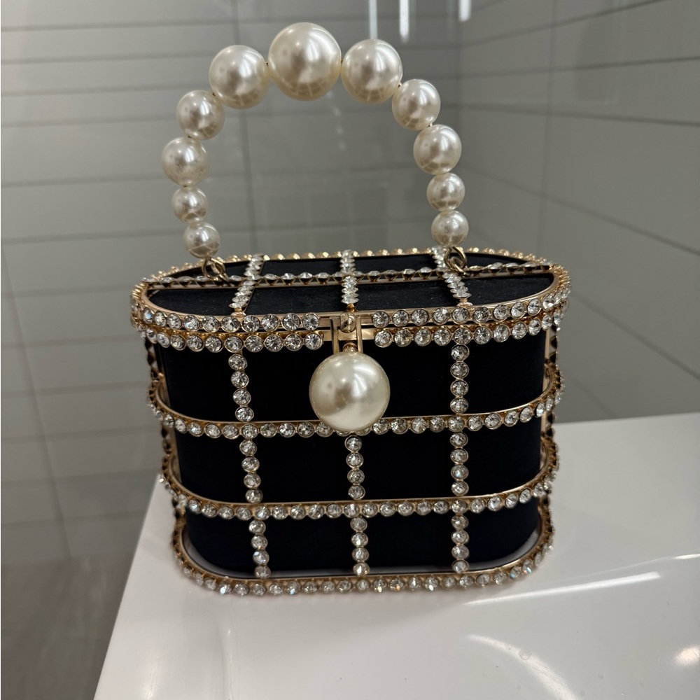 Black and Gold Pearl-Embellished Evening Handbag